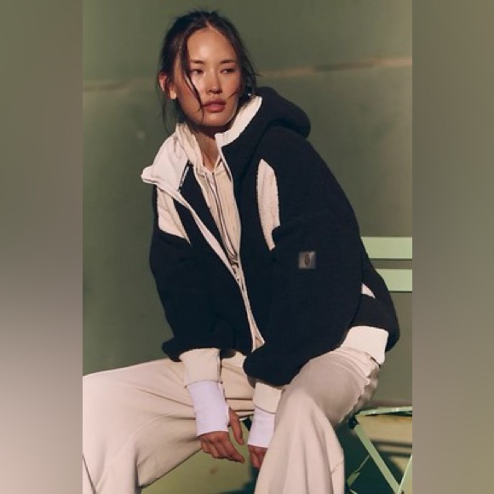Free People Hit The Slopes Fleece Hoodie Jacket Black White XS FP Movement